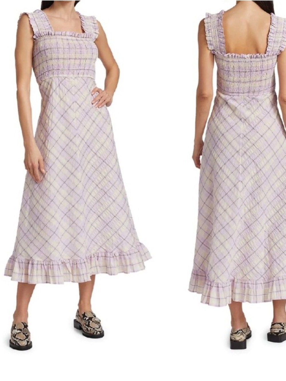 Ganni Seersucker Check  Smocked Sundress